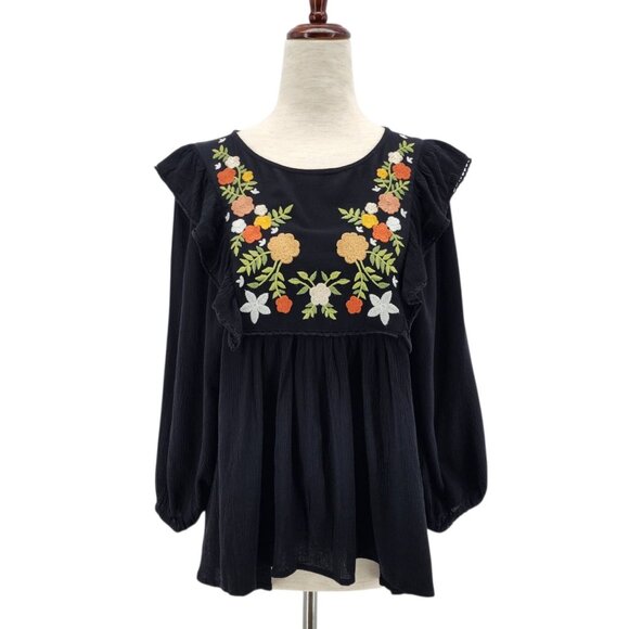 NEW In Loom Womens XS Top Embroidered Floral Tunic Peasant Black Multicolor Boho - Picture 1 of 12